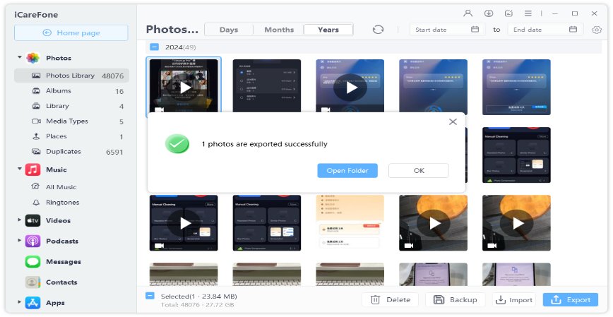 icarefone photos exported to pc successfully